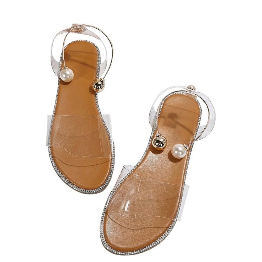 OYOANGLE‎ Womens Pearl Decor Clear Straps Open Toe Flat Sandals Apricot Size 41